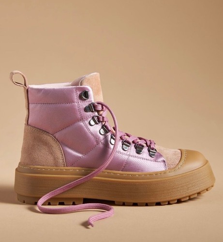 Anthropologie Maeve Hiker Boot Pink Satin Tan Suede Rubber Lace Up 40/ 9-9.5 NEW - Picture 9 of 10