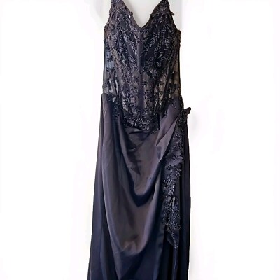 LA Divine STRAPLESS PURPLE GOWN WITH HIGH SLIT & FLORAL EMBELLISHMENTS SZ XS OC