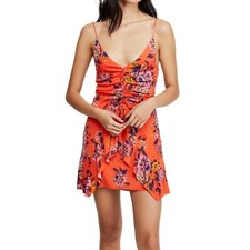 Free People orange ruched floral spaghetti strap dress