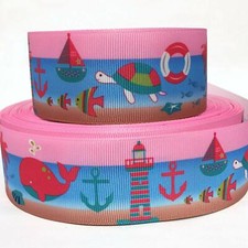 GROSGRAIN RIBBON 7/8" 1.5" Turtles Boats Pink Ocean Printed COMBINE SHIPPING