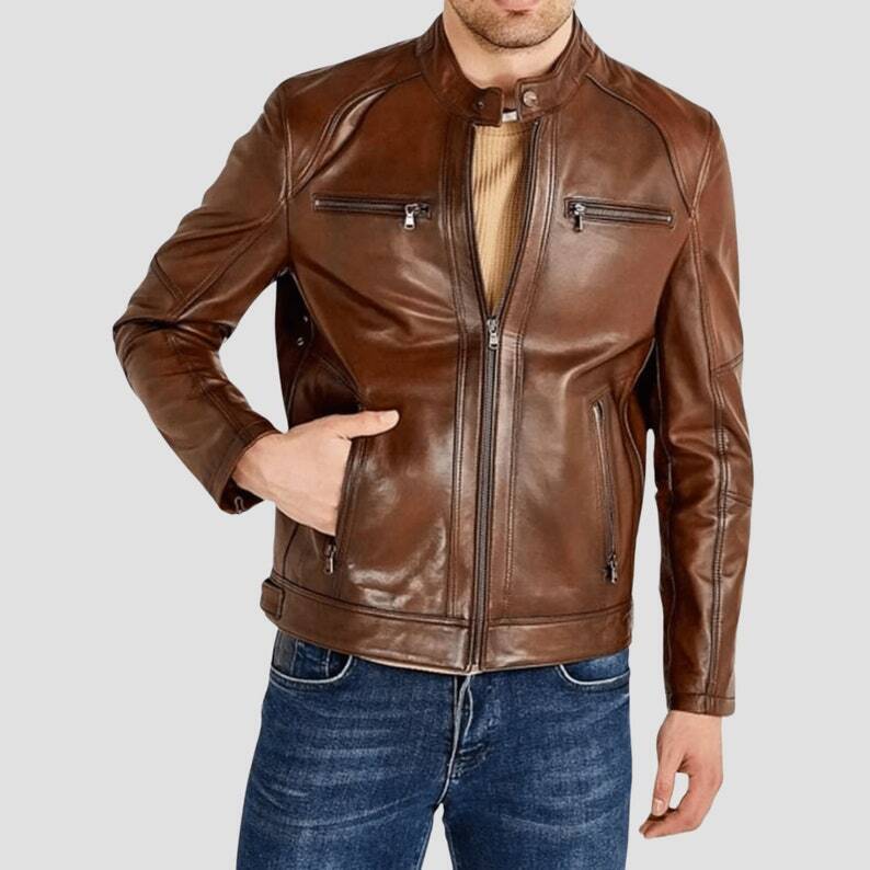 Mens Brown Leather Jacket Lambskin Leather Leather Bikers Leather Coat ...