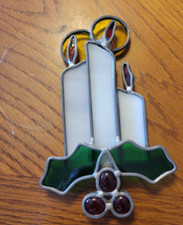 Vtg Stained Glass Lead Suncatcher Candle  Holly Berries Christmas 6" Decor