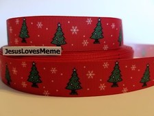 Grosgrain Ribbon Green Christmas Trees Snowflakes Holidays Wrapping Paper, 7/8"