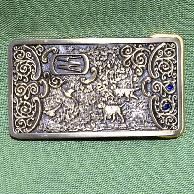 Vintage Jostens Blue Jeweled Hunting Dogs Brass Slim Belt Buckle Bird