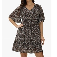 Manydress Womens Chiffon Floral Print Vneck Casual Mini Boho Swing Dress Large