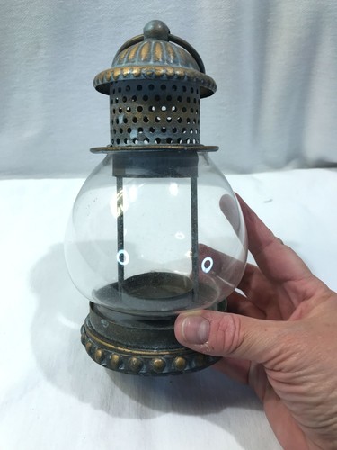 Tealight holder, metal glass lantern style with holding or hanging loop, 7.5" - Picture 7 of 10