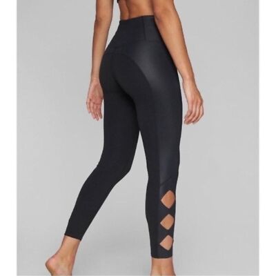 Athleta cobra tight leather trim cut out leggings Sz Small Tall