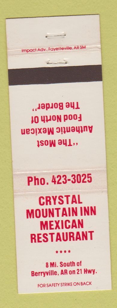 Vintage Matchbook Cover from Crystal Mountain Inn Mexican Restaurant Berryville AR
