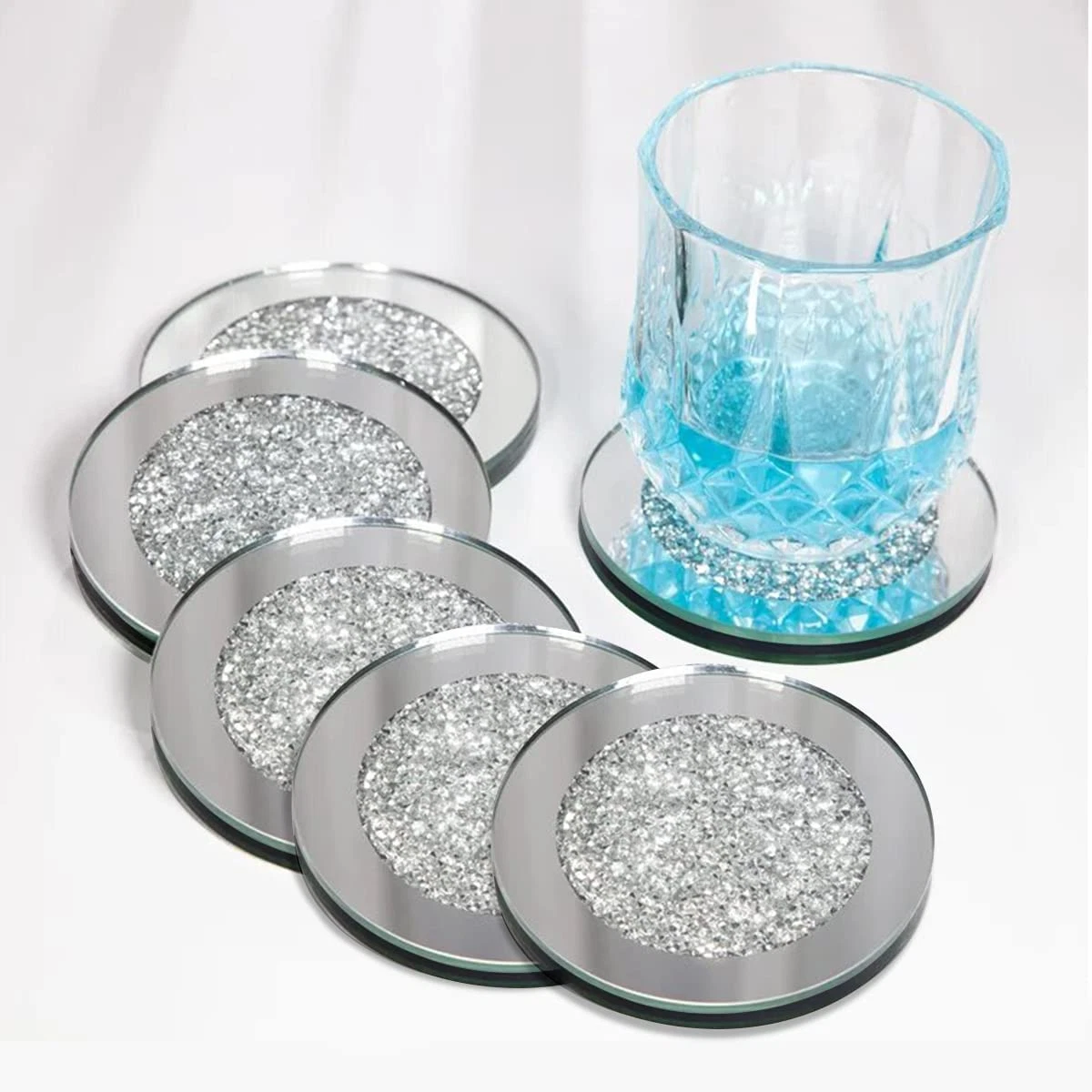 Mirrored Glass Coasters, Set of 6, Diamond Decor, Silver Wine Coaster,  Elegant M