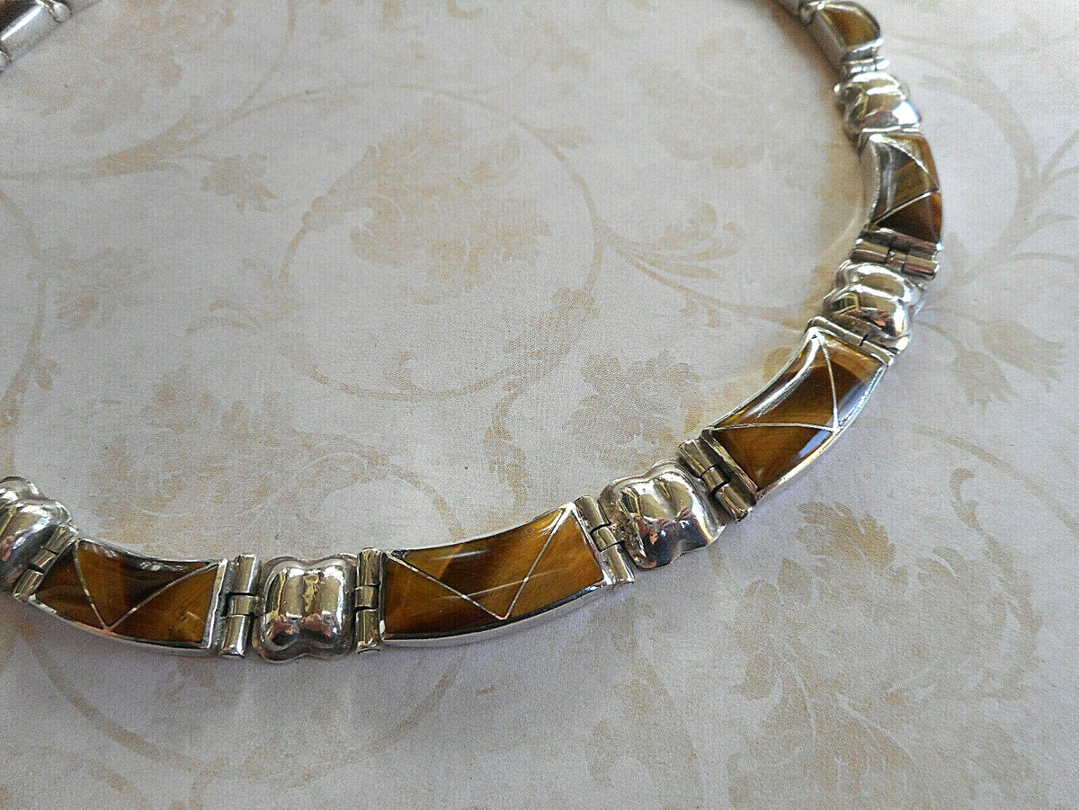 Sterling Silver 950 Vintage Taxco Mexico Inlaid Tiger's Eye Necklace 85F2C