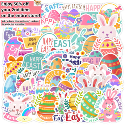 50 pcs Waterproof Stickers Easter Day Eggs Cute Bunny Holiday Kids Phone Window