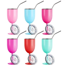 Gerrii 6 Sets Stemmed Stainless Steel Wine Glass with Lid and Straw 10 oz Unb...