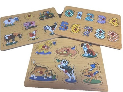 Three VTG Zaidy Wooden Peg Puzzles - Numbers, Dogs, Farm 2008