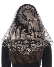 Triangle Veils for Church Catholic, Black Gold Jesus with Nativity Scene Embr...