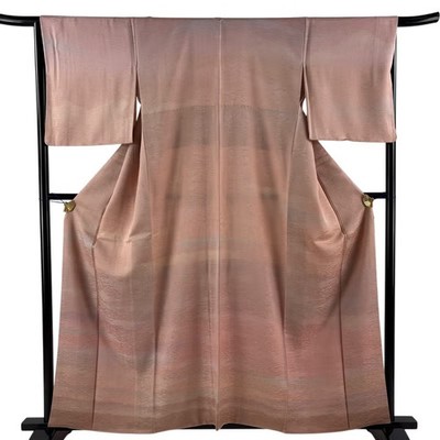 Japanese Silk Houmongi Kimono M 159.5cm Pink beige Haze Background pattern 24133