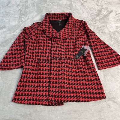 Ali Miles Jacket Womens L NWT Red Black Houndstooth Textured Knit Stretch Preppy
