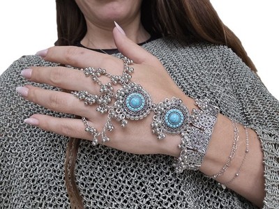 Vintage Silber Hand Kette Armband Ring Türkis Zigeuner Handschmuck Boho Blau