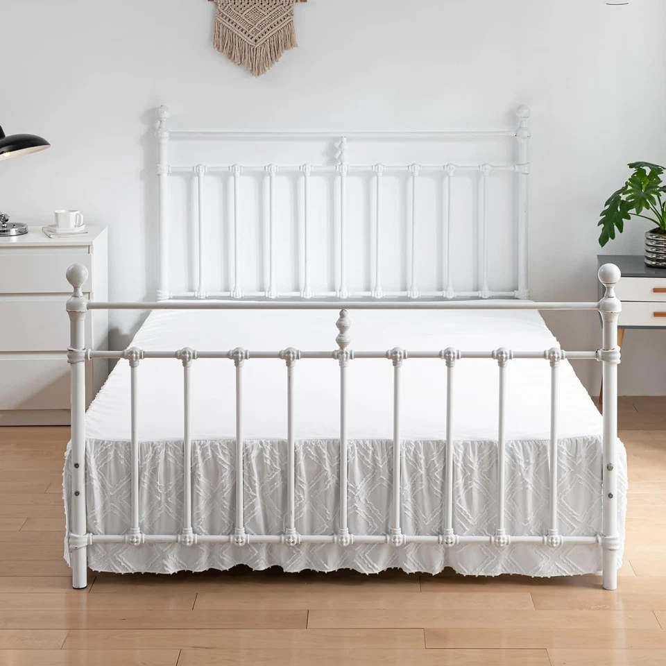 Queen Bed Skirt Tufted Ruffled 18 Inch Drop Split Corners Boho Style White - Image 2 of 4