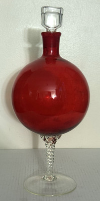 VTG Sasaki Red Cranberry Glass Decanter Clear Twisted Stem Ball Stopper 15'' Tall