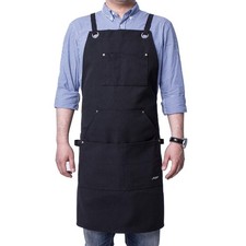 Durable Canvas Work Apron with Tool Pockets  Adjustable Back Straps - Black