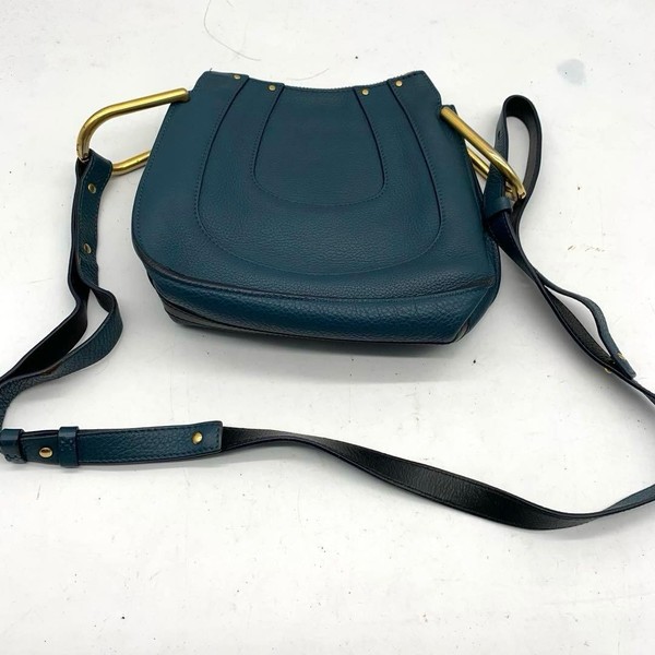 Auth Chloe Hayley Shoulder Bag Leather Emerald Blue Zipper Gold Chain Women's