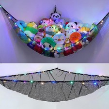 Large Black Toy Net for Stuffed Animals Hanging Corner Hammock with LED Lights