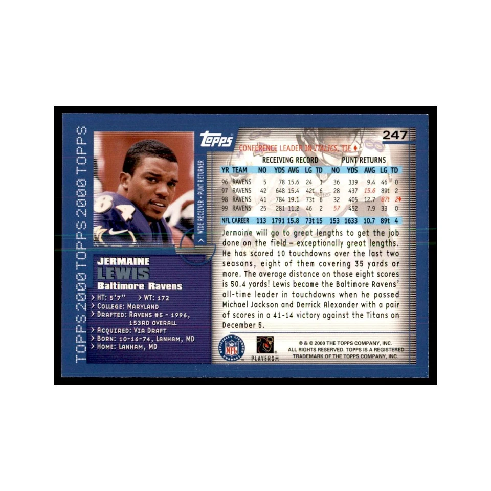 Jermaine Lewis 2000 Topps #247 Football Cards Football Card NM - Image 2 of 3