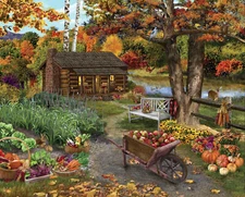 Harvest At The Cabin Fabric House Autumn Trees Digital Cotton David 35" Panel