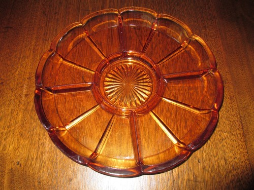 VINTAGE 10" DIAMETER AMBER DEPRESSION GLASS 5 DIVIDED RELISH DISH-SCALLOPED RIM - Picture 10 of 11