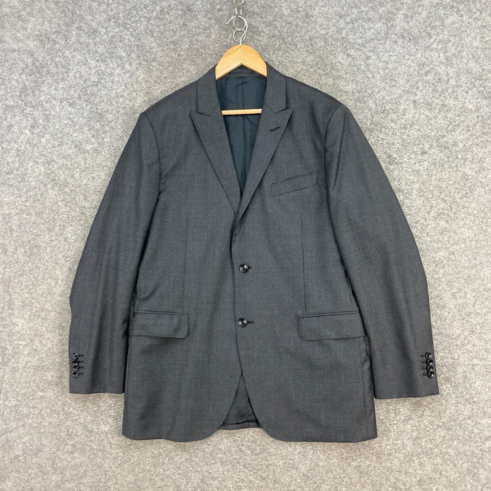 Grey Wool Herringbone Suit Jacket Mens 42 Business Formal Lined A402