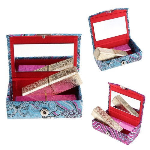 Double Lipstick Case Holder Box W/ Mirror Fashion Retro Brocade