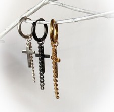 PAIR 316L Steel Hinge Action 20g Seamless Hoop Earrings w/ Cross  Chain Dangle