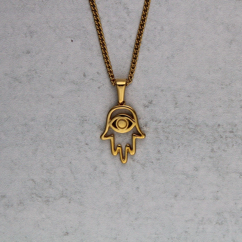Gold Hamsa Evil Eye Pendant Chain Necklace Hand of Fatima Stainless Steel - Bild 4 von 4