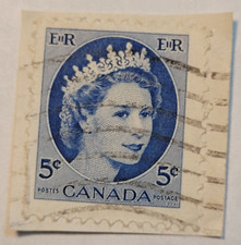 Canada Postage ~ Queen Elizabeth II ~ Blue 5¢ Stamp ~ Cancelled/Posted - 12