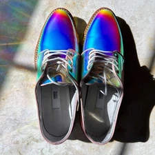 Holographic Shoes Oxford Womens Sze 6.5 Iridescent Miista Pink Gold Blue Purple