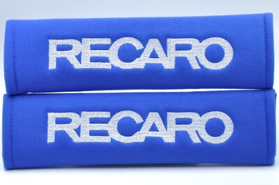 2 pcs (1 PAIR) Recaro Embroidery Seat Belt Cover Shoulder Pads (White on Blue)