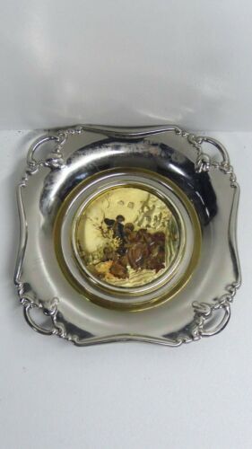 VINTAGE SILVER & SILVER PLATE CHINELLI ITALY GOLD PLATE INLAY PICTURE DISH - Picture 1 of 7