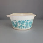 Vintage PYREX White Bowl Turquoise Amish Print 1 Quart 473  Lid 470-C