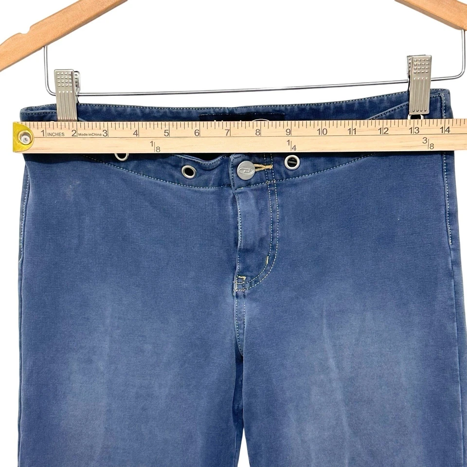 Y2K Vtg Let Me B Low Rise Flare Pants Blue 7 Small Grommet Waist Stretch 2000s - Image 3 of 4