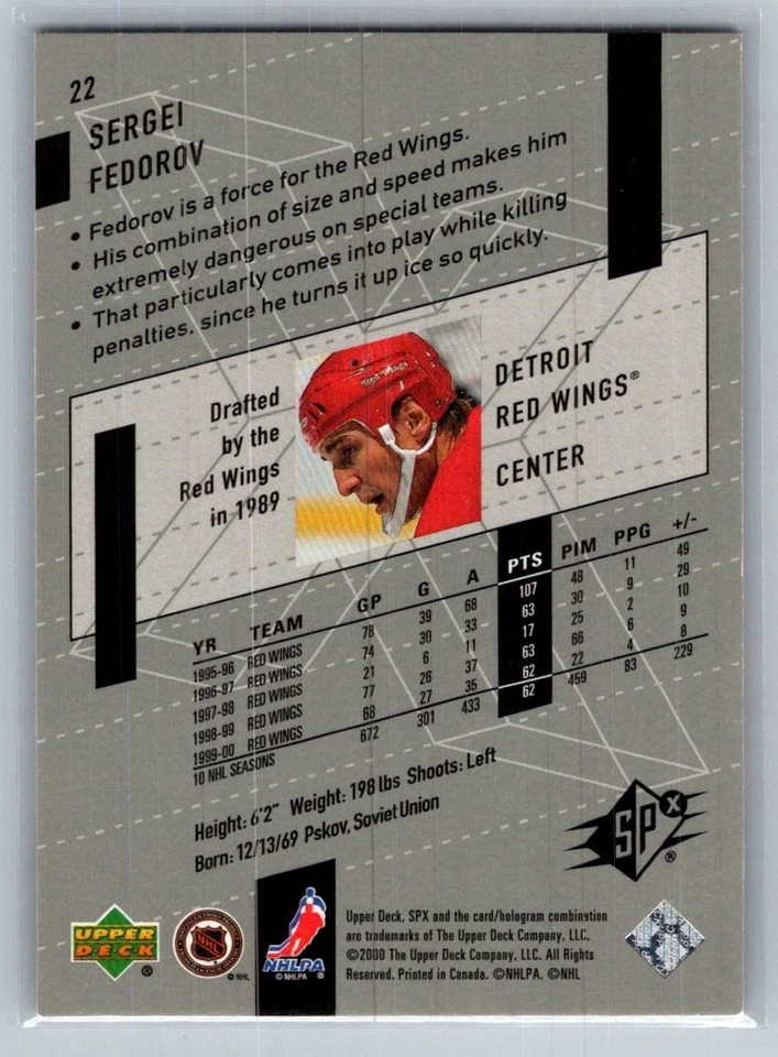 💎2000-01 SPx Hockey #22 Sergei Fedorov - Detroit Red Wings💎 - Image 2 of 2