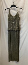 Womens Alex Evenings Size 12P Gold Two Piece Dress Jacket Set Sequin Zip Holiday