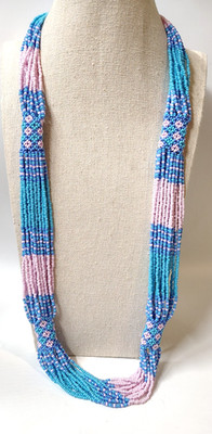 Boho Blue & Pink Seed Glass Beaded Strand Necklace Guatemala