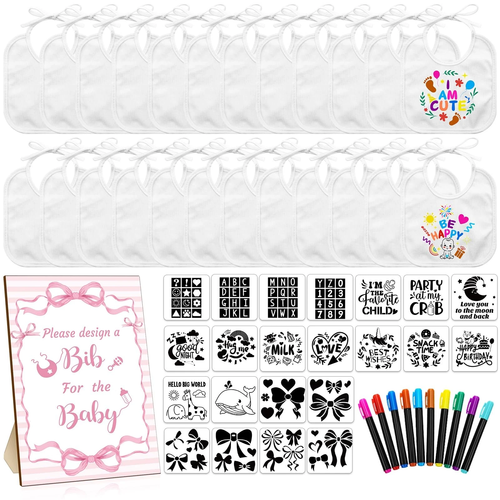55 PCS White Bibs Baby Decorating Design Decorate Plain Newborns Wooden Sign