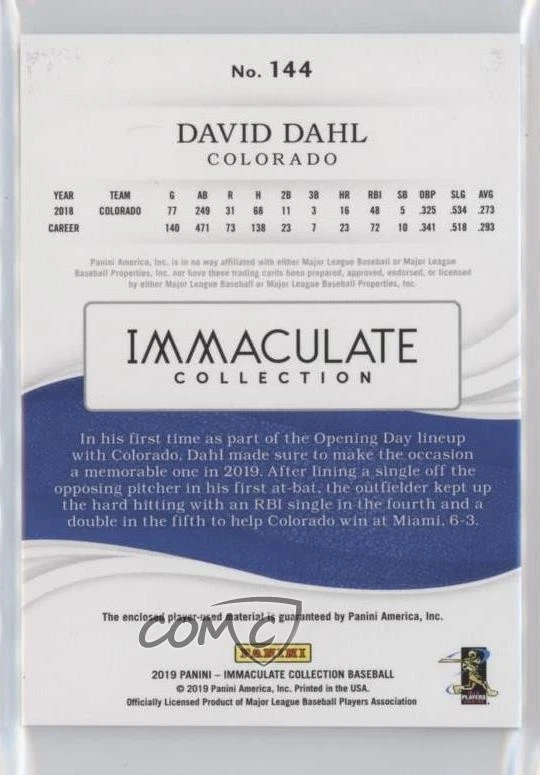 2019 Panini Immaculate /99 David Dahl #144 - Image 2 of 2