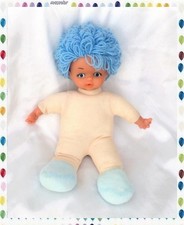 Poupée Doudou Chiffon Tête Et Mains Plastique Cheveux Laine Bleu Vintage 36 cm