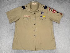 Vintage Boy Scouts Of America Shirt Women XL Beige Short Sleeve Patches USA Sewn