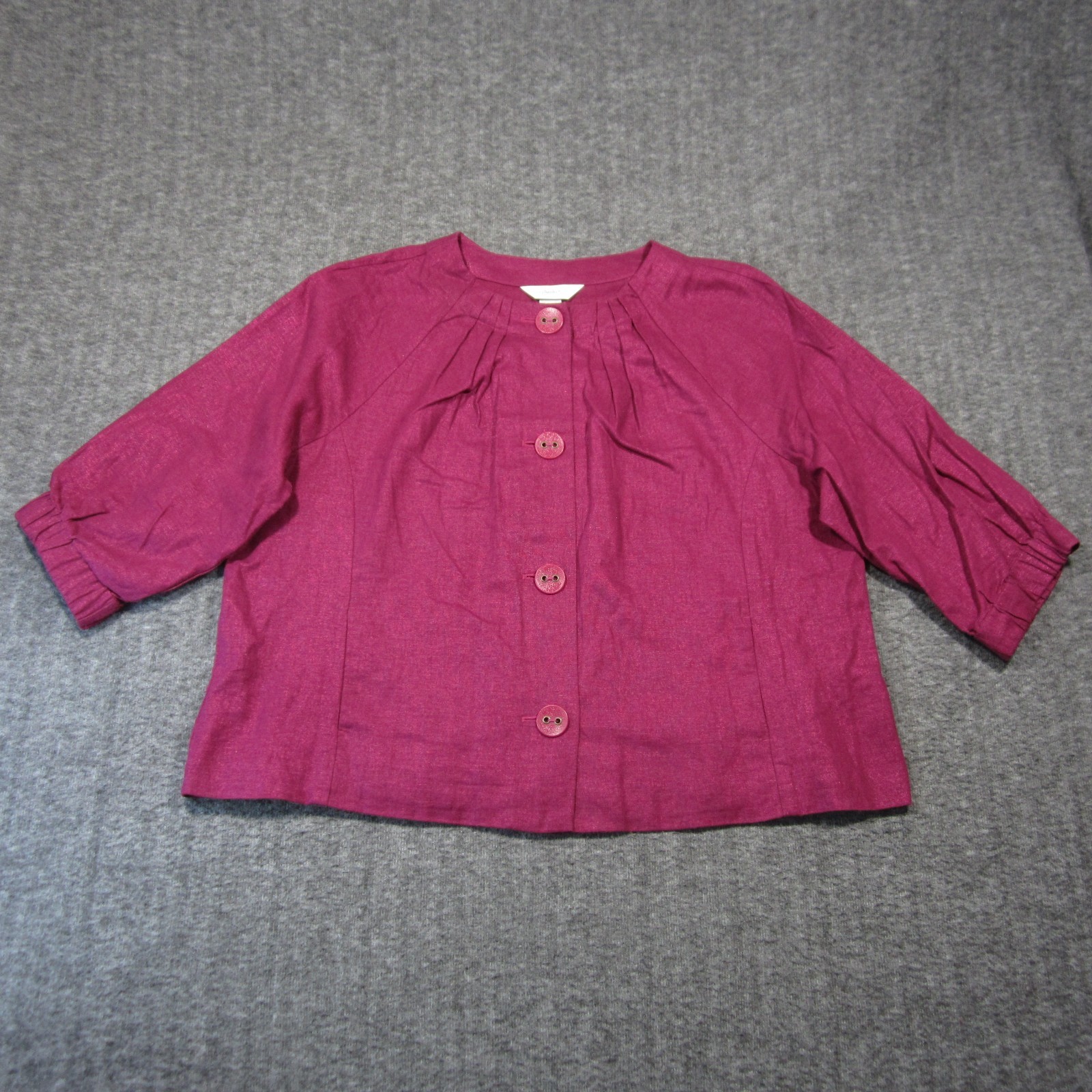 CJ Banks Linen Shirt 1X Fuchsia Button Up 3/4 Sleeve Pintuck Preppy Luxury Beach