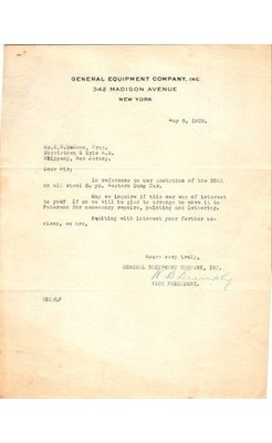 1928 General Equipment Letter Western Dump Car Morristown & Erie RR New Jersey
