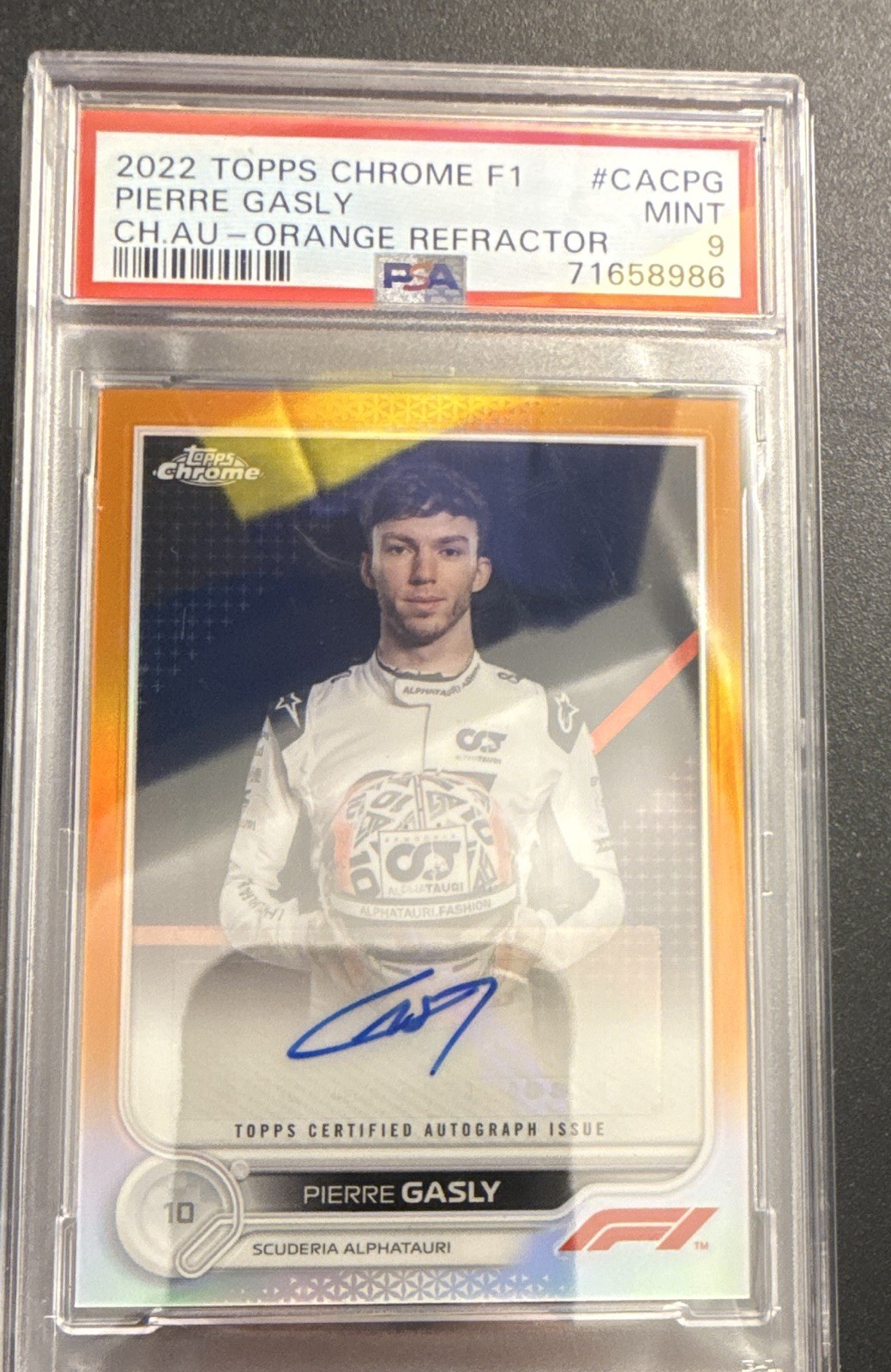 Topps 2022 Chrome F1 Pierre Gasly CAC-PG Orange Refractor Auto /25 PSA 9