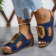Women's Wedge Platform Slide Sandal Metal Ring Open Toe Summer Beach Slippers
